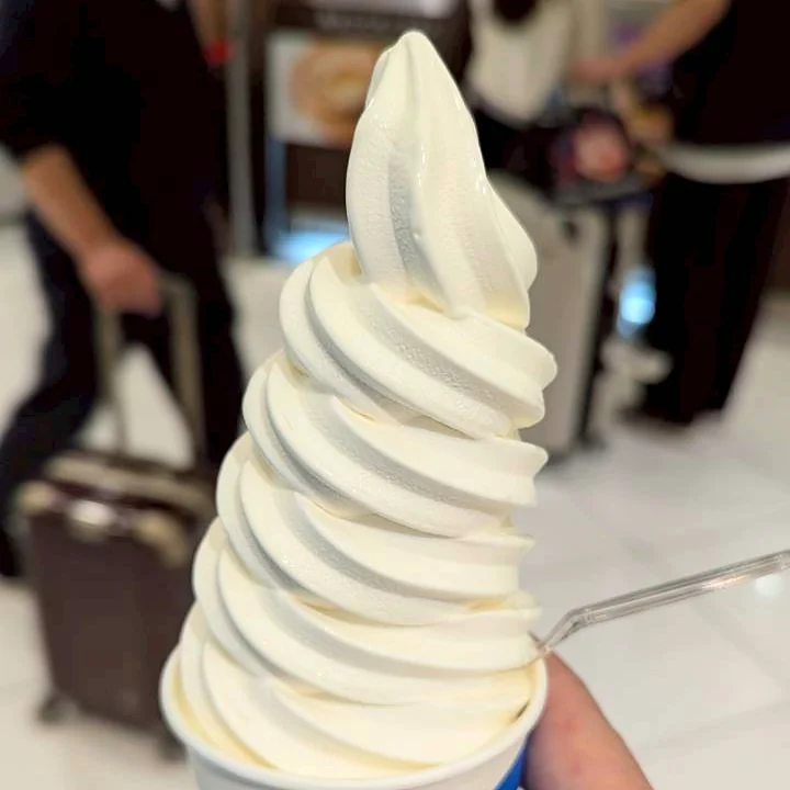 きのとや新千歳空港店の、高く巻かれた極上牛乳ソフトとスプーン